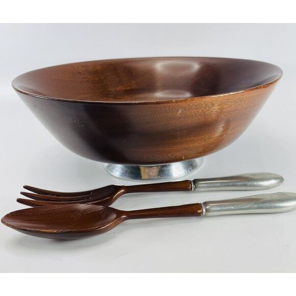 Vintage Mahogany Wood Footed Salad Bowl 11.5 w Serving Spoon Fork Marked France - Picture 1 of 12